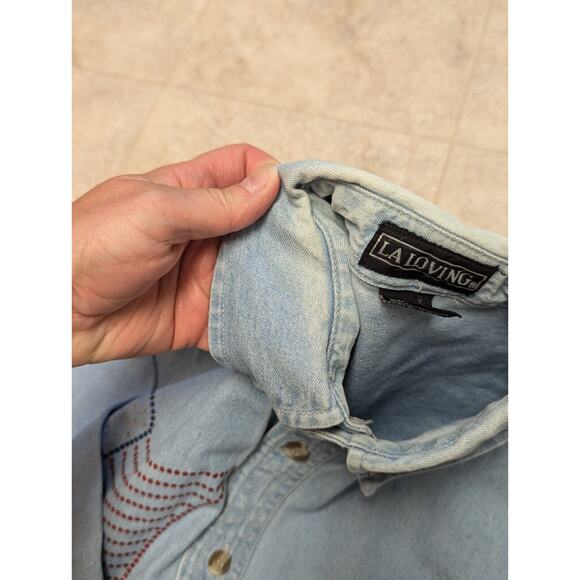 Vintage LA Loving Denim Shirt Womans Sz Medium Long Sleeve Button Down USA Flag - Picture 11 of 11